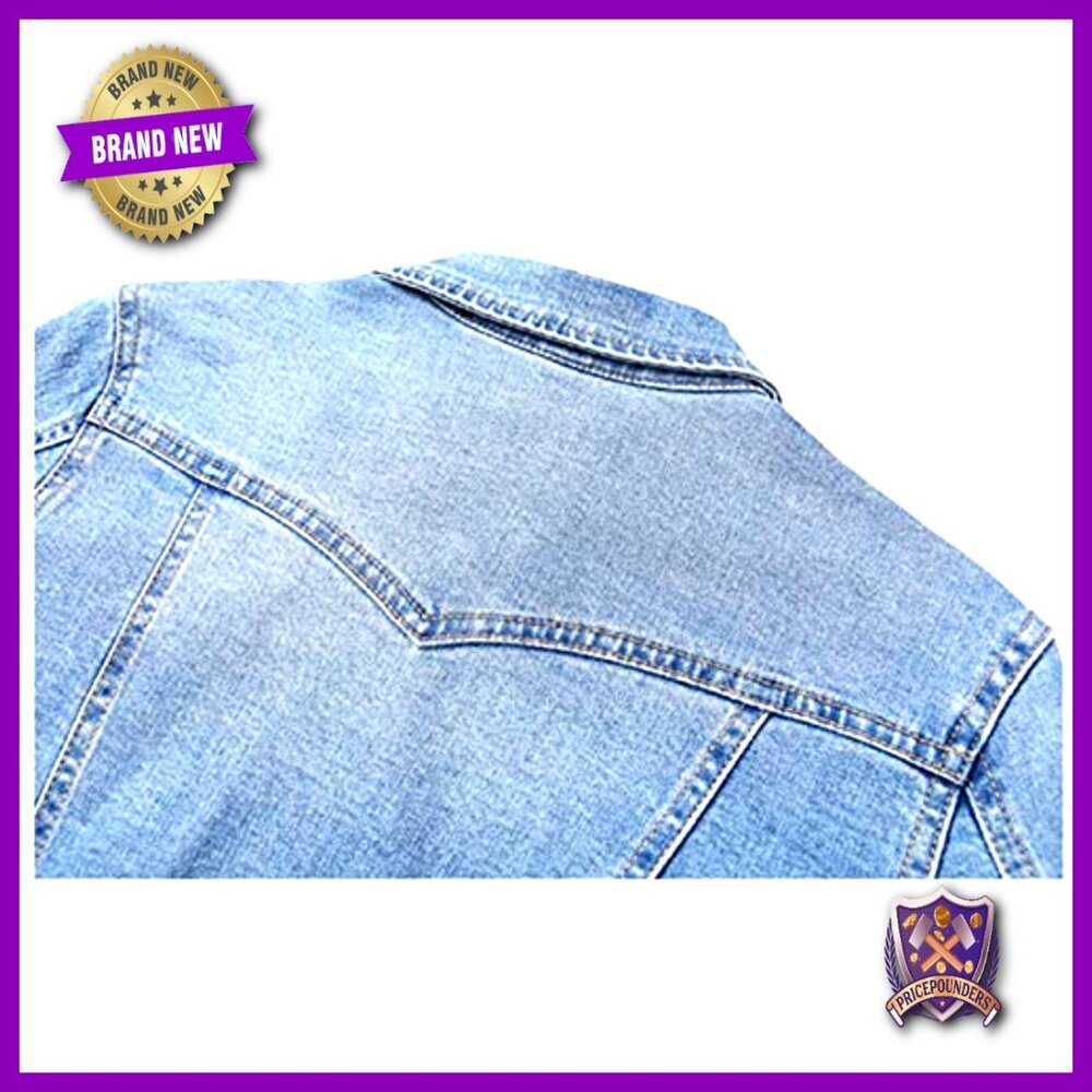 Cropped Denim Trucker Jacket 3/4 Sleeve Slim Fit Vintage Ripped Holes - Picture 4 of 7
